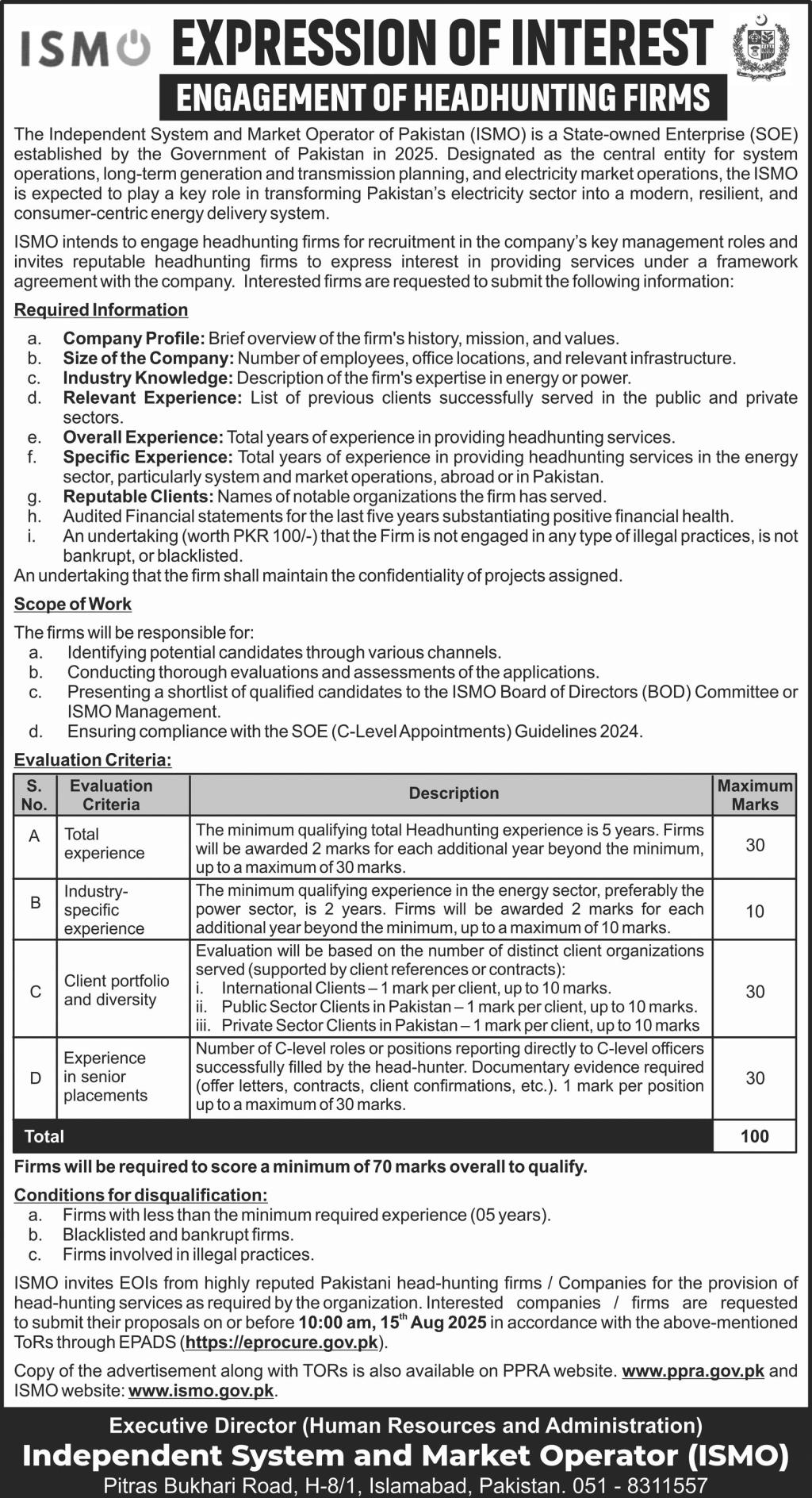 Independent System & Market Operator Islamabad Tender Notice